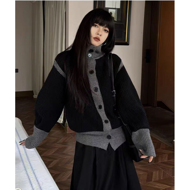 Design Sense Niche Contrast Color Thick Knit Cardigan Coat