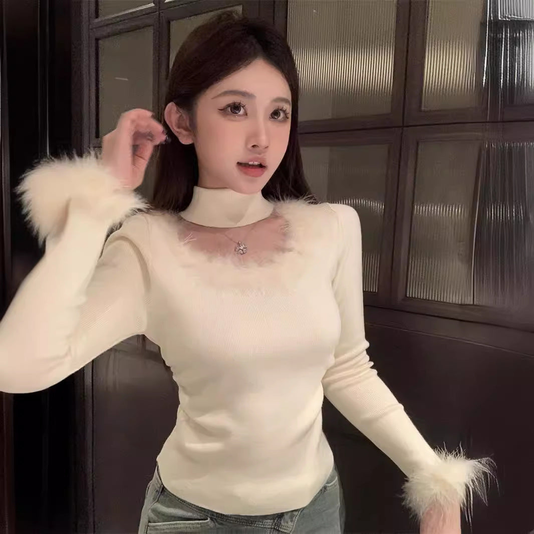 Women's Patchwork Halter Round Neck Soft Glutinous Dralon Bottoming Shirt