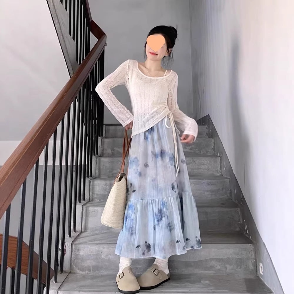 French-style Irregular Tie-Dye Dress And Skirt Set For Women