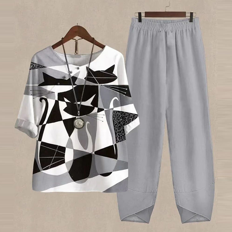 Women's Five-quarter Sleeve Printed Top Two-piece Pants