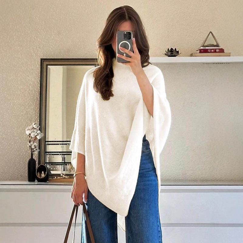 Shawl-Neck Sweater Irregular Wool Knitted Cape