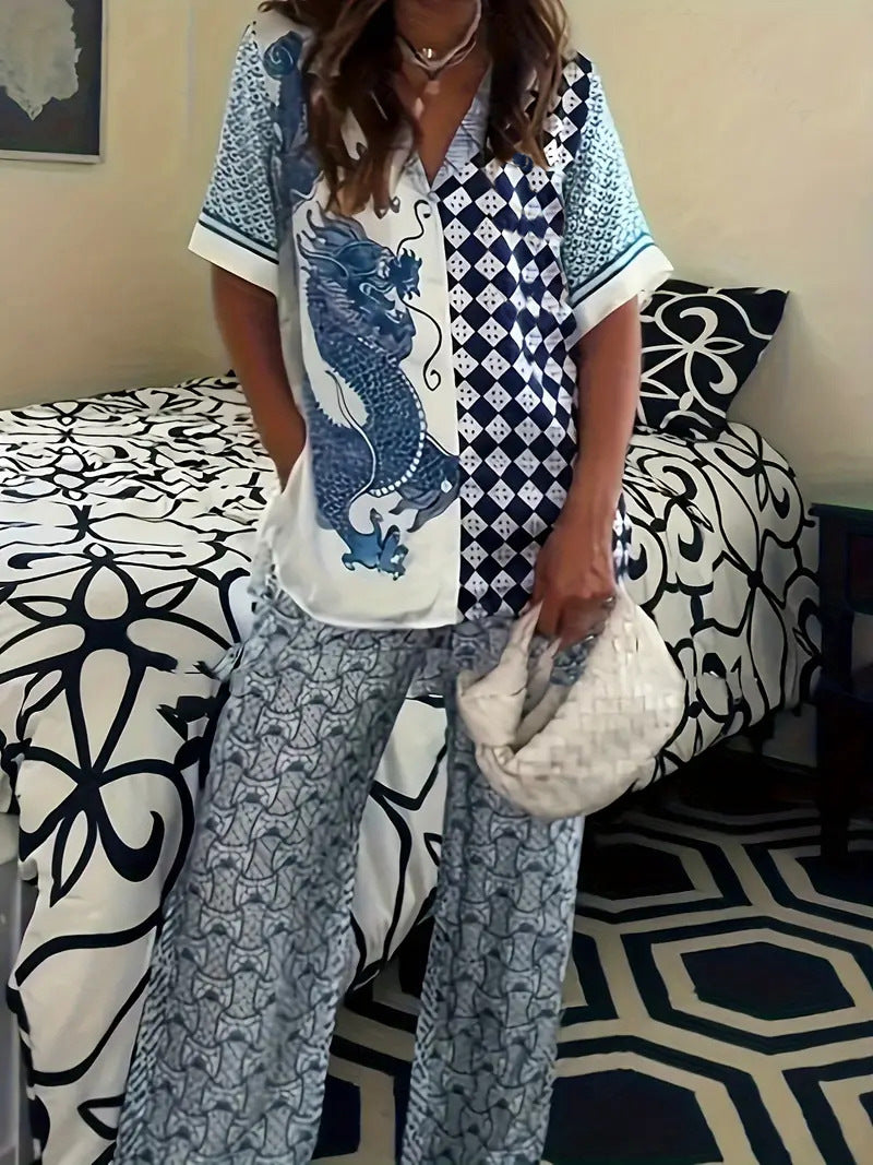 Casual Plant-patterned Short-sleeve Set
