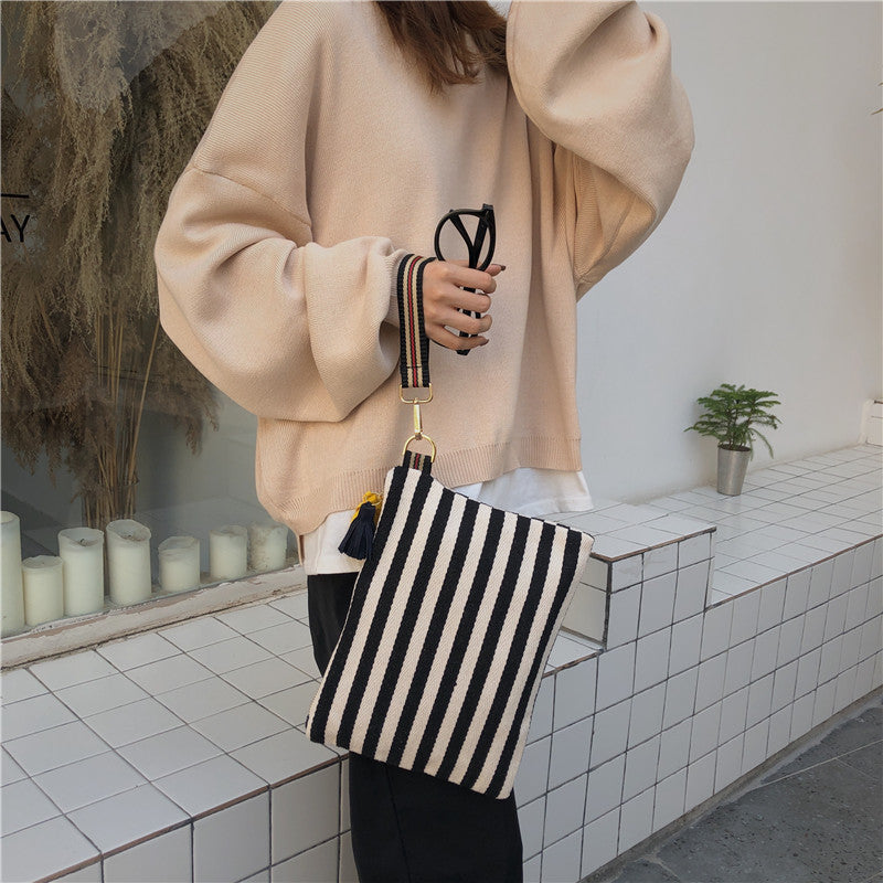 Striped Tassel Canvas Women's Hand Hold Canvas Makeup Bag