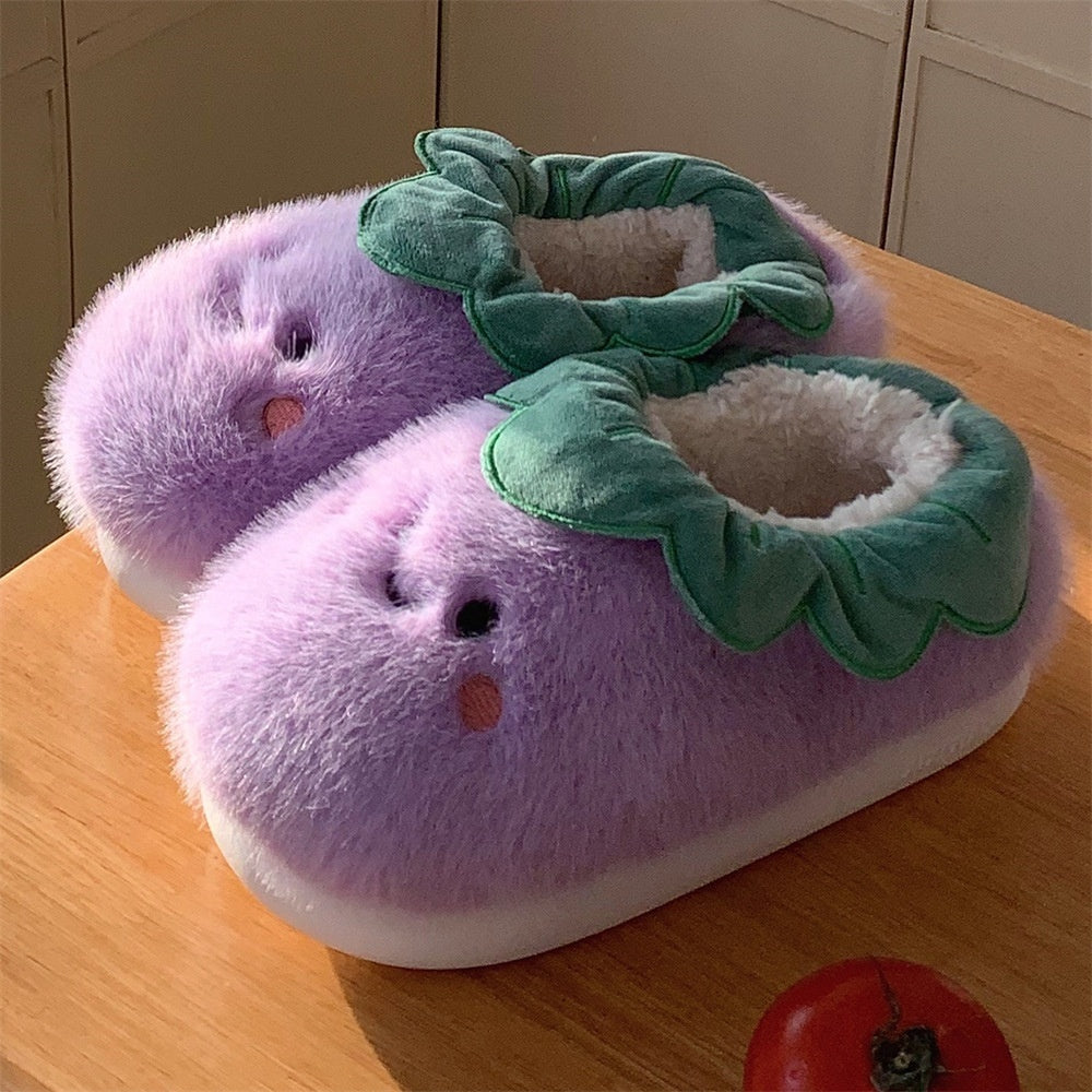 Cute Wind Contrast Color Eggplant Shit Feeling No-skid Floor Cotton Slippers Indoor Warm Soft Sole Shoes