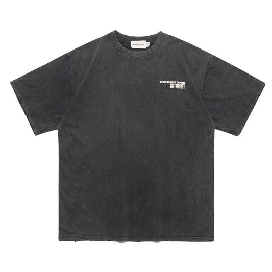 American High Street Retro Distressed Fashion Letters Printed Tatted Washed Short Sleeve