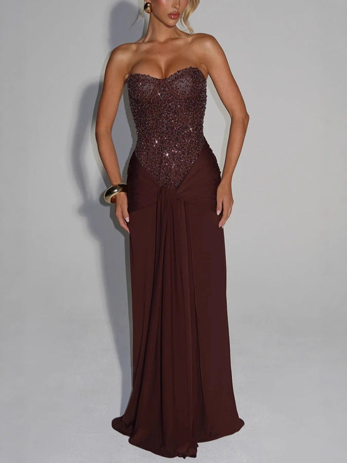 Evening Dress Long Skirt Waist-cinching Slim Ribbon Strapless Elegant Dress