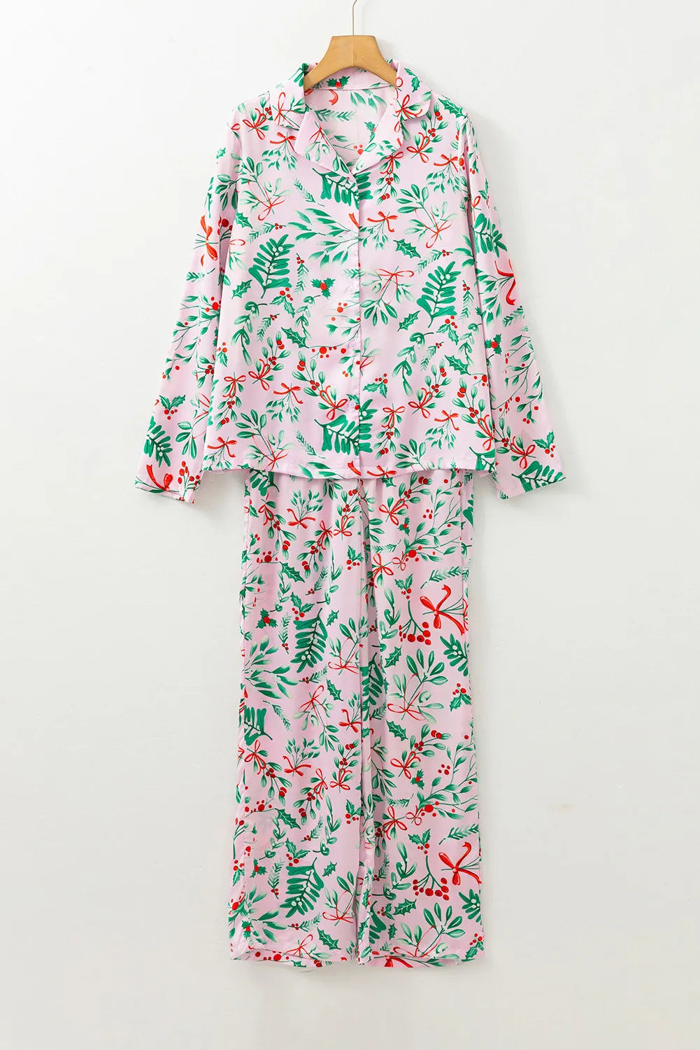 Julebær-planteprint pyjamas-sæt i satin med lange ærmer