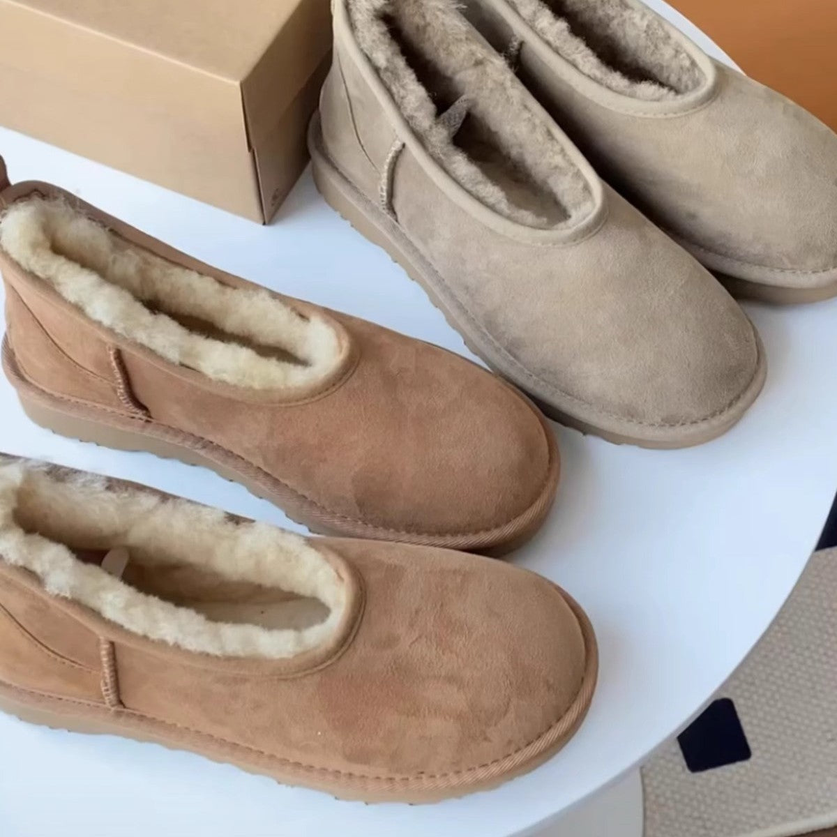 Womens Low-cut Leather-and-fur Snow Boots