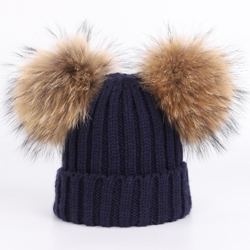 Men's And Women's Thickened Raccoon Fur Ball Knitted Ear  Set