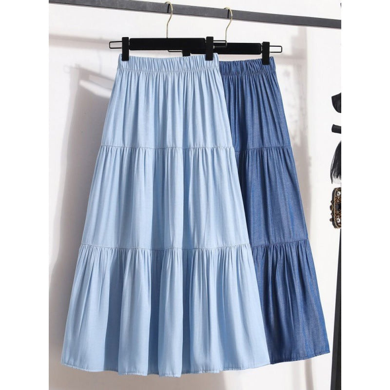Elastic Waist Ice Silk Denim Skirt For Women