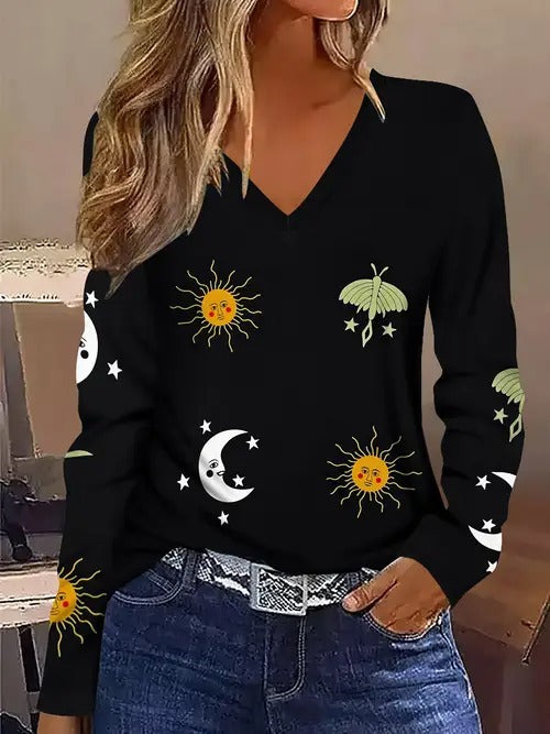 New Stylish Casual Geometric V-Neck Long-Sleeve T-Shirt