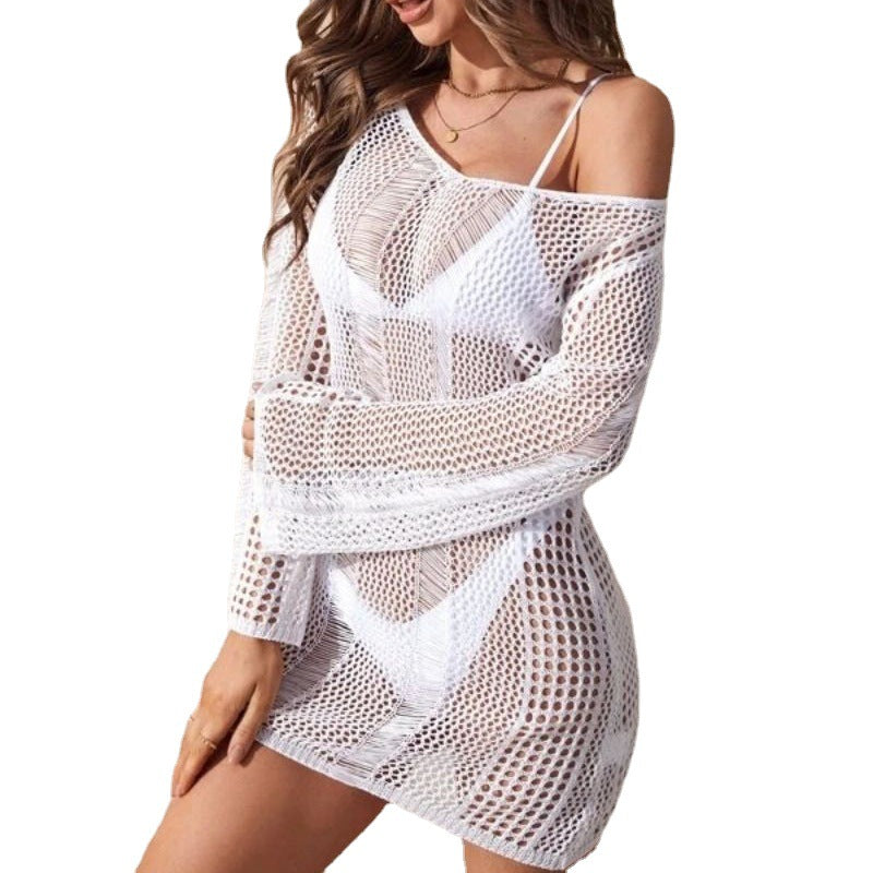 Womens Solid-Color Casual Loose Hollow-Out Knitted Long-Sleeve Dress