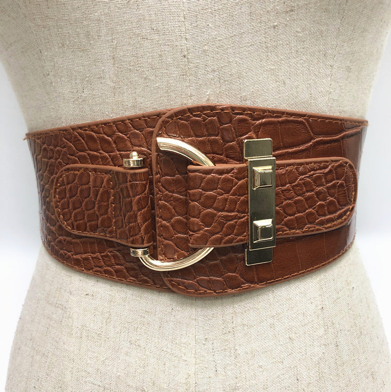 Elastic Wide Pattern Girdle, Patent Leather Women's Metal Buckle Belt