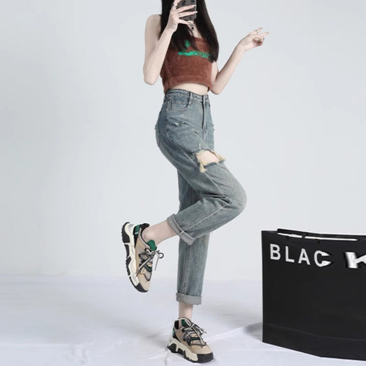 Ripped Daddy Jeans For Women Spring And Autumn New High Waist Loose Small