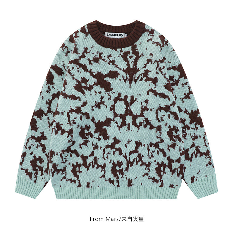 Azure And Other Smoky Rain European And American Dark Contrasting Color Jacquard Knitwear Men's And Women's Round Neck Sweater