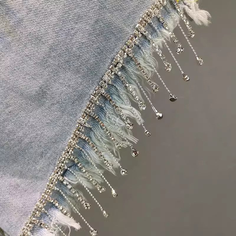 Summer High Waist Slimming Edging Heavy Industry Rhinestone Tassel Denim Shorts