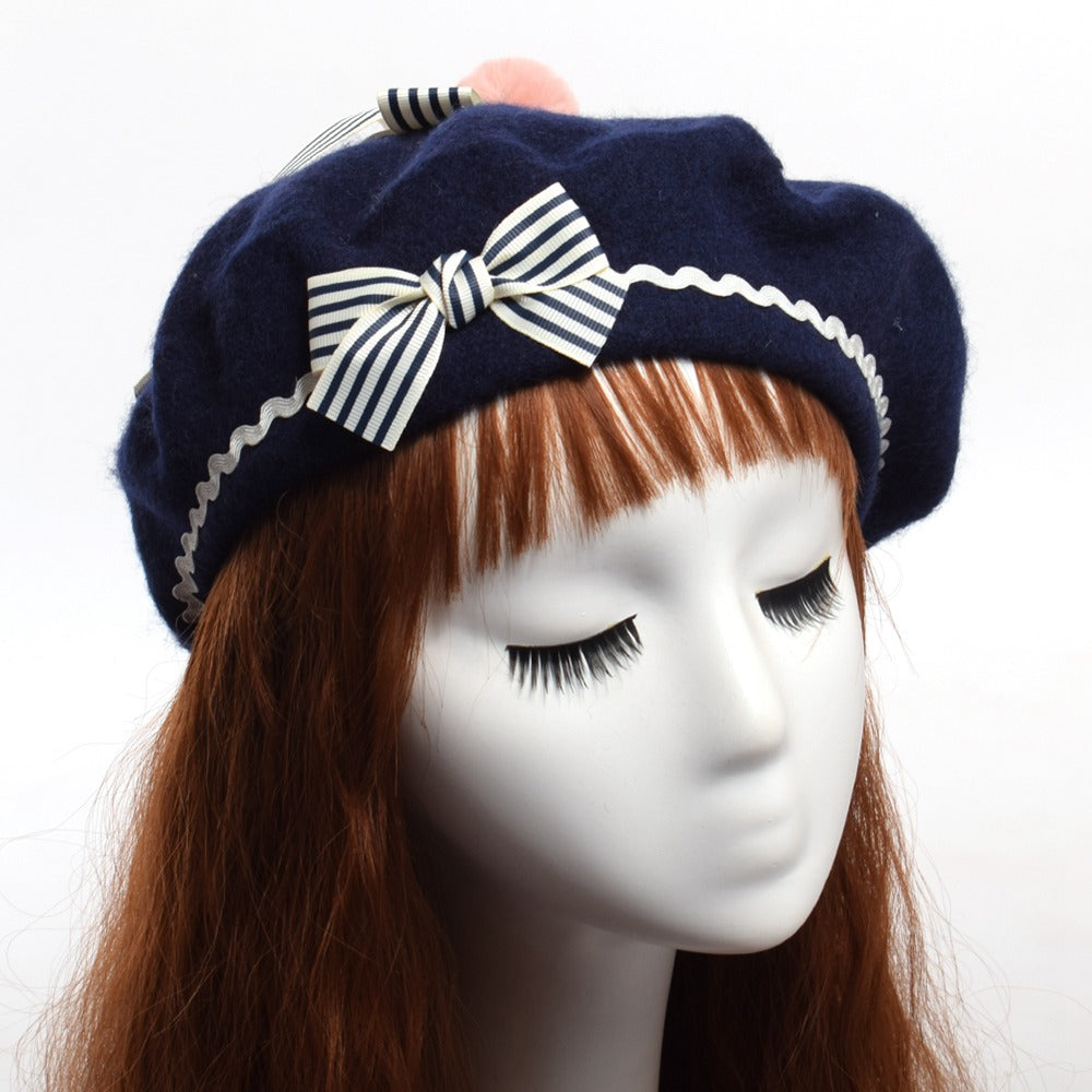 Fashion Japanese JK Lolita Wavy Bow Furball Beret