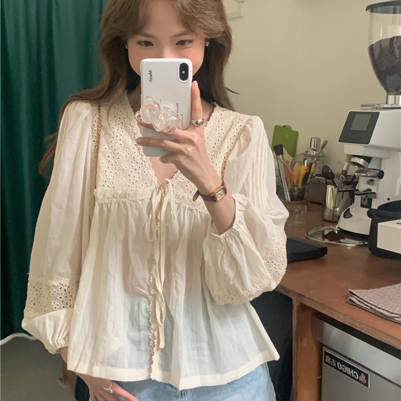 Heavy Industry Lace Stitching Tied Loose Long Sleeve Sun-protection Overshirt