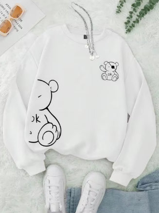 Moderigtig fløjlsforet trendy sports-rundhalstrøje med lange ærmer og print