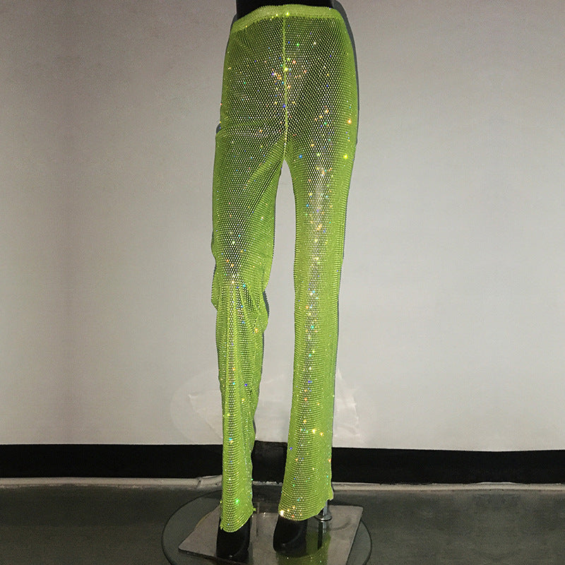 Women's Fashion Straight Rhinestone Fishnet Casual Wide-leg Pants