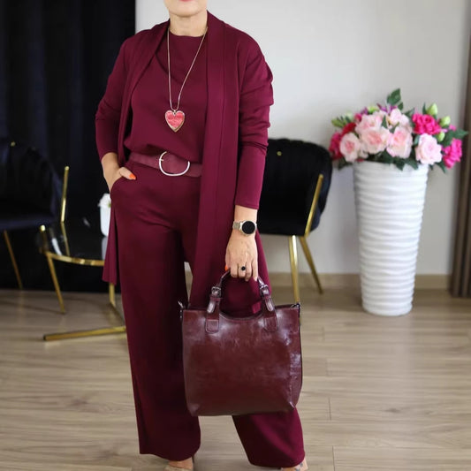 Womens 3-Piece Solid-Color Crew-Neck Long-Sleeve Top Set