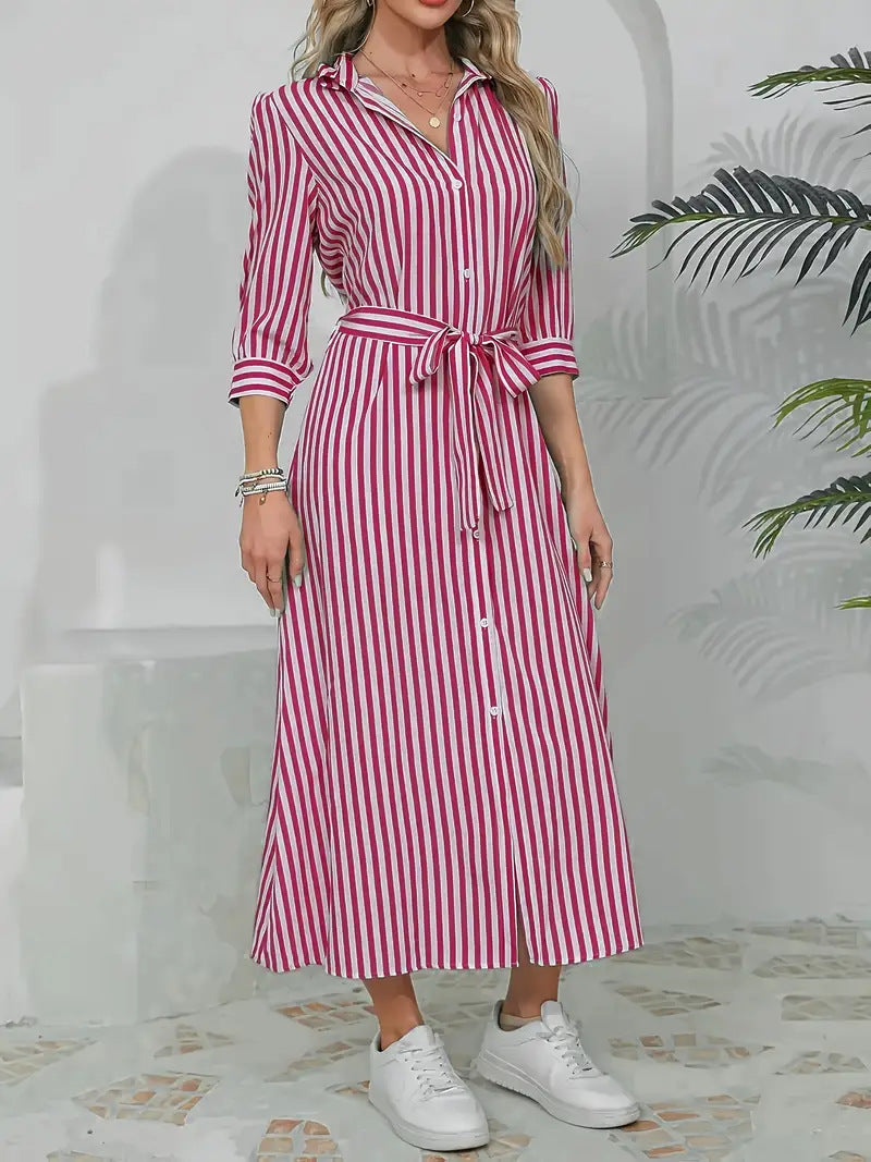 Womens Fashion Striped Cardigan Lapel Shirt Dress