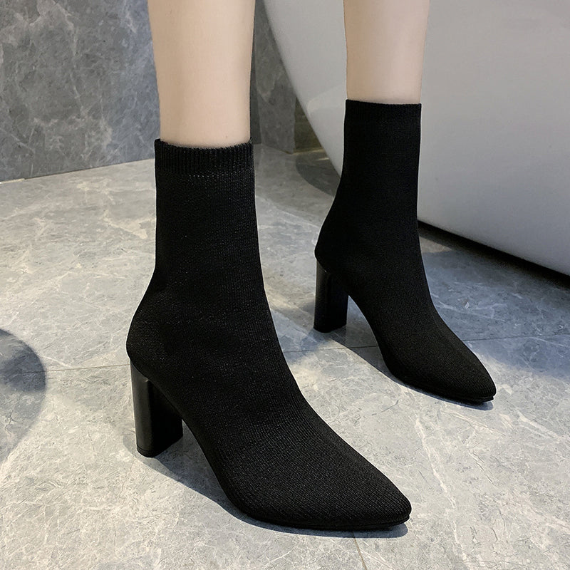 Short Tube Stretch Yarn Pointed High Heels