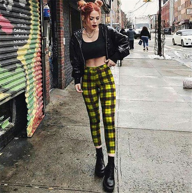 Plaid high waist leggings women casual pants