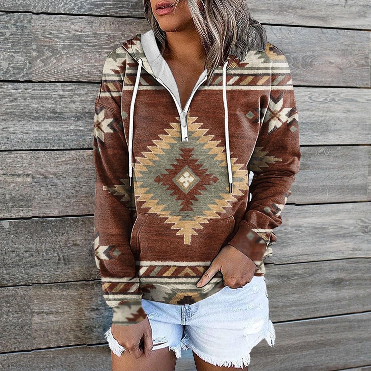 European And American Women's Zip Pocket Print Casual Hoodie