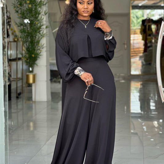 Round-neck Top With Asymmetrical Lantern Sleeves And Loose Wide-leg Pants