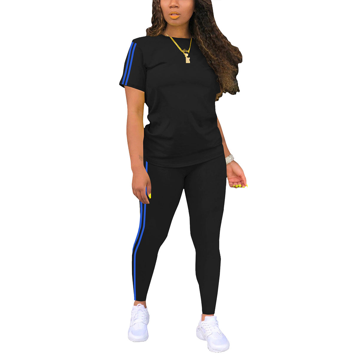 Round Neck Short-sleeved Top With Trousers Suit Side Stickers Women's Two-piece Suit