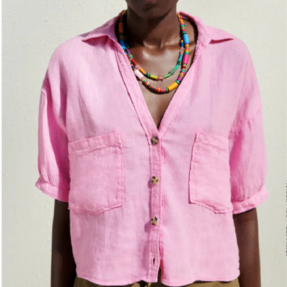 Women's Summer Solid Color Lapel Casual Short Shirt Top