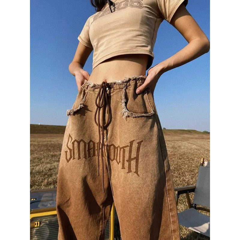 American-style Retro Frayed Design Loose Wide-leg Jeans