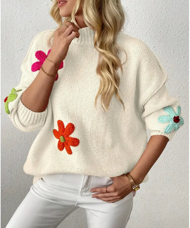 Plus Size Floral Applique Knit Sweater