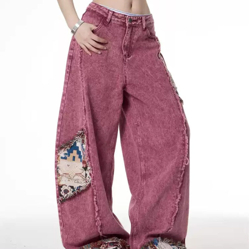 Retro Distressed Stitching Embroidered Jeans Women's Summer Loose Straight