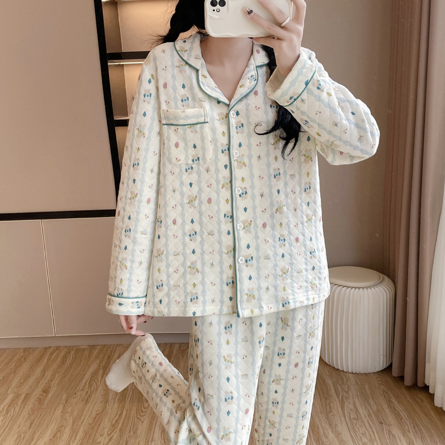 Womens Cotton Long-Sleeve All-Cotton Cozy Sweet Loungewear Set