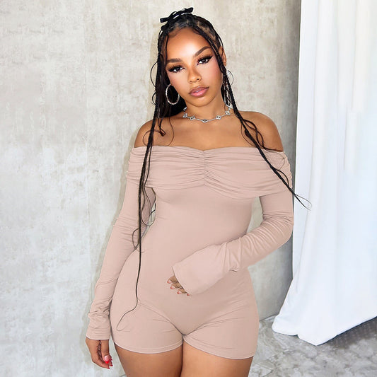 Kvinder Off-shoulder Plissering Langærmet Højtaljet Playsuit