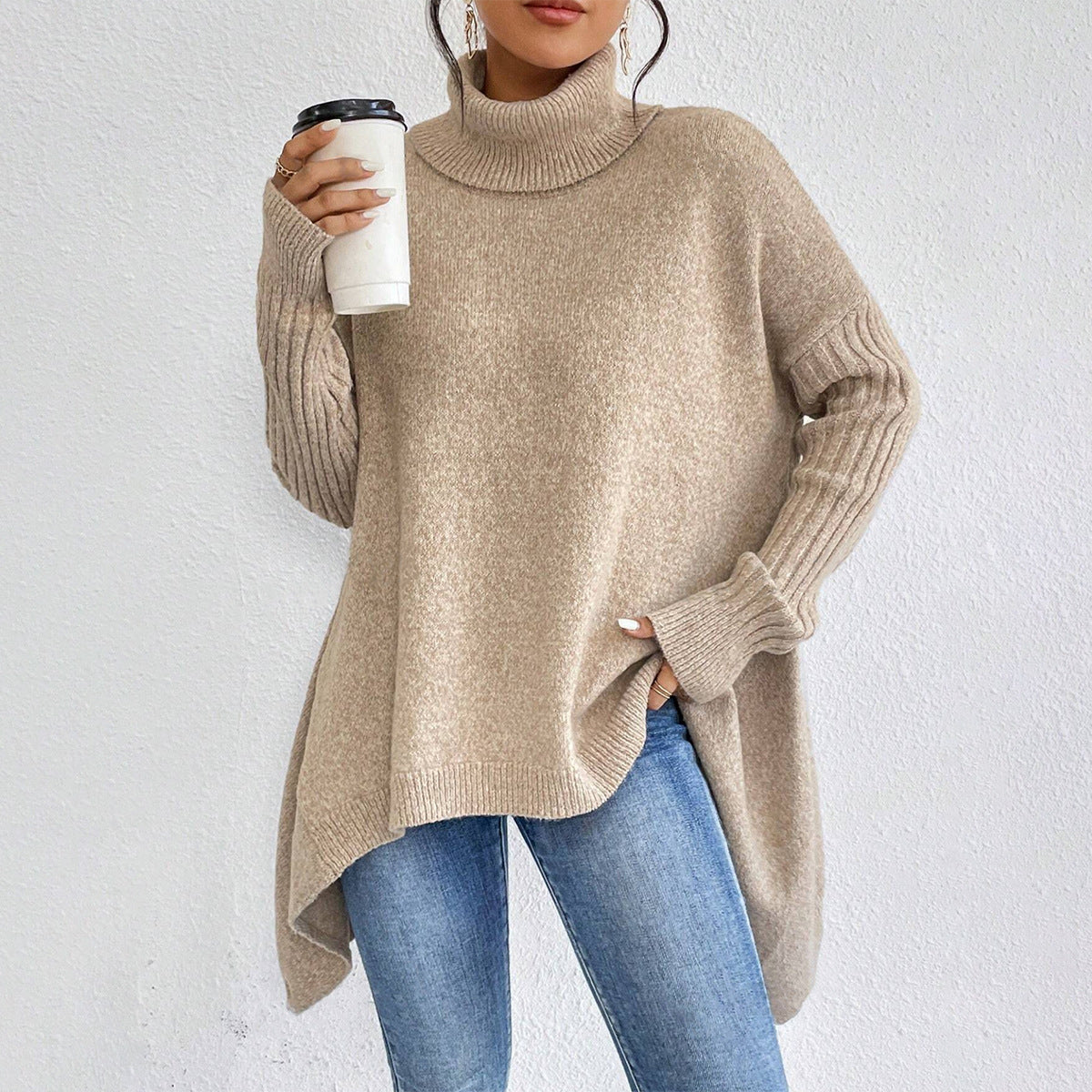 Uregelmæssig rullekrave-sweater Vinter løs langærmet striktoppe Fritids varm pullover-sweater Dametøj
