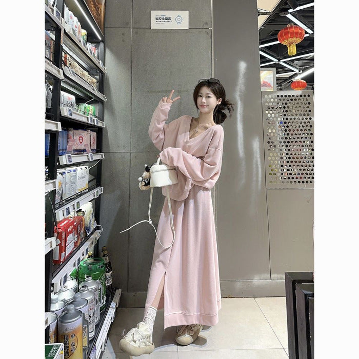 Hoodie Paired With A Slit Figure-hugging Long Skirtdesigned Specifically For Women