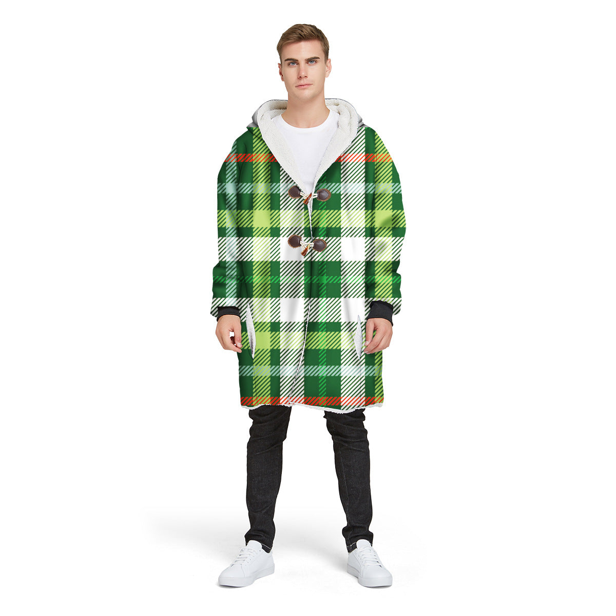 Fashion Plaid Men's Digital Printed Long Hooded Jacket