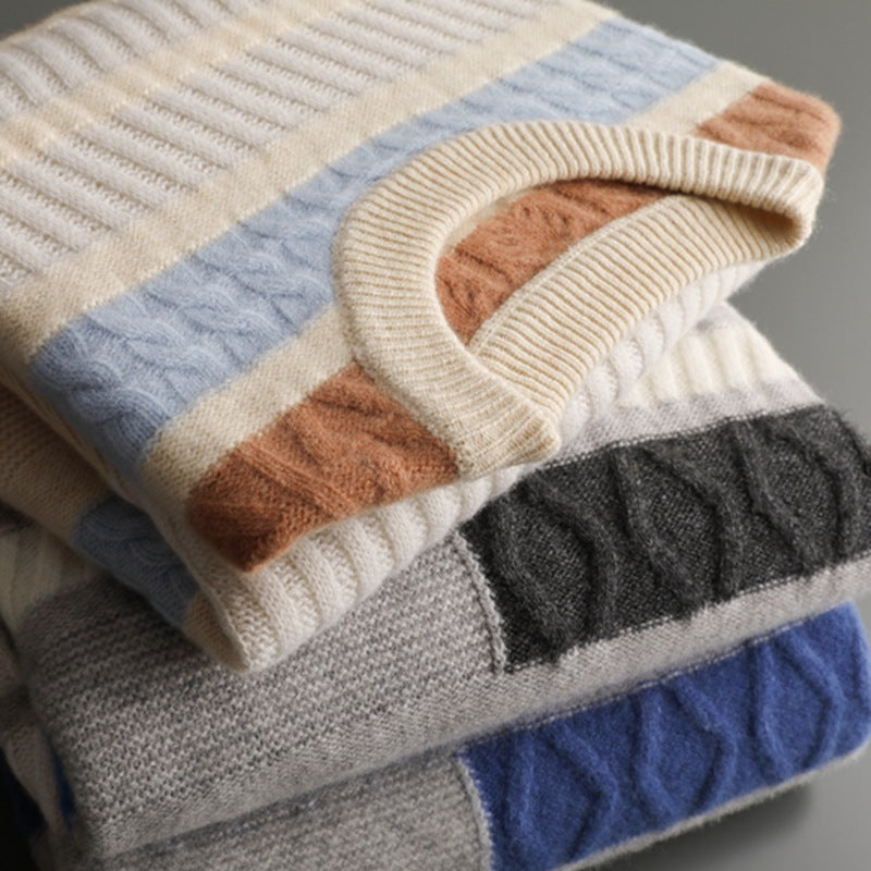 Koreansk stil Farveblok Crew Neck Cashmere Sweater til Mænd Kontrastfarve