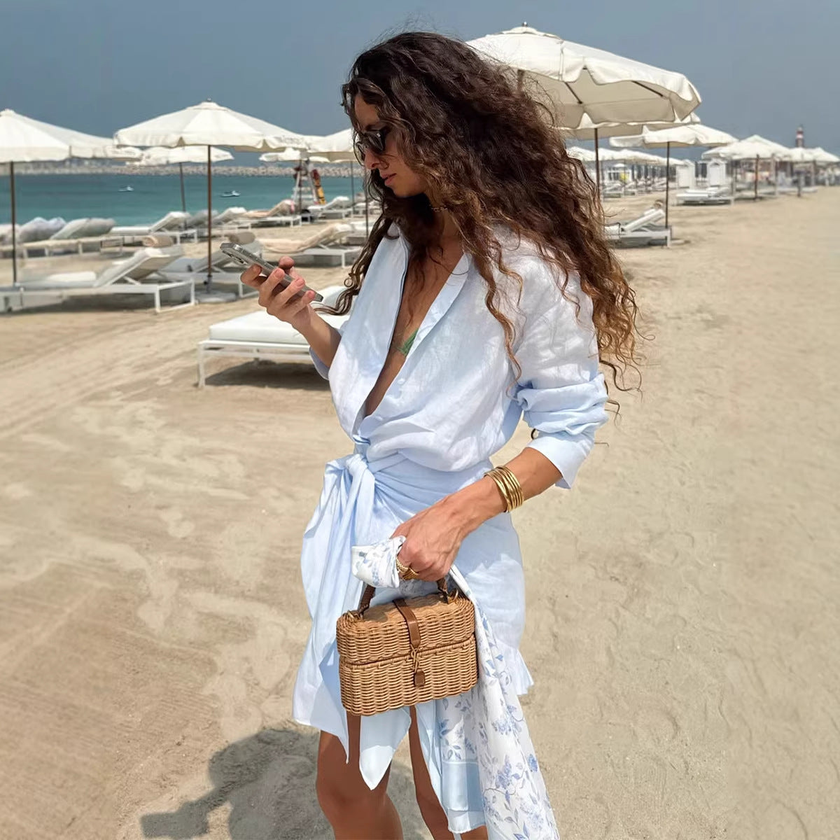 Laid-back Solid-color Belted Wrap Shirt Dress For A Relaxing Getaway