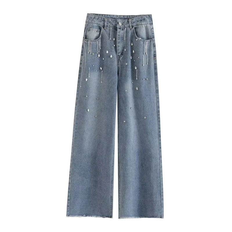 Dame Nye Mode Trendy Rhinestone Rå Kanter Design Lange Vide Ben Jeans