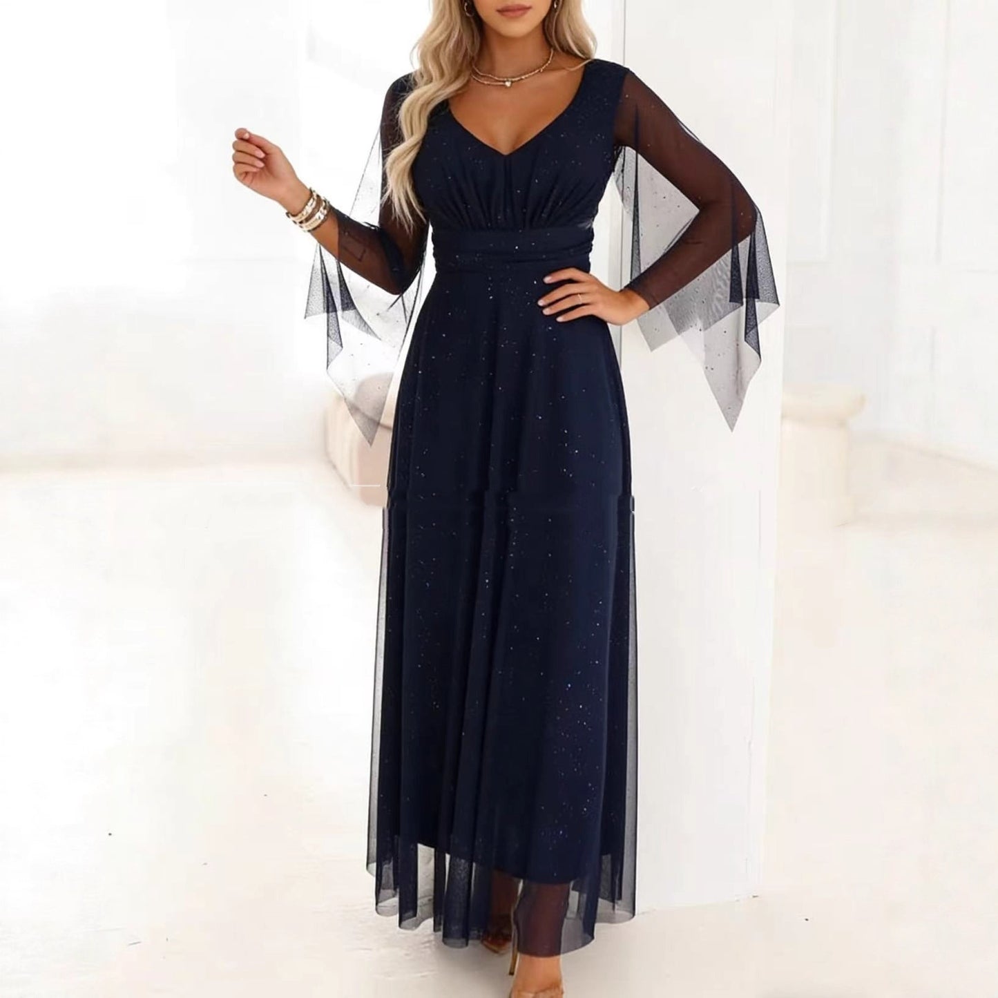 Sequined Fashion Butterfly Sleeve V-Neck Patchwork Mesh Womens Dress