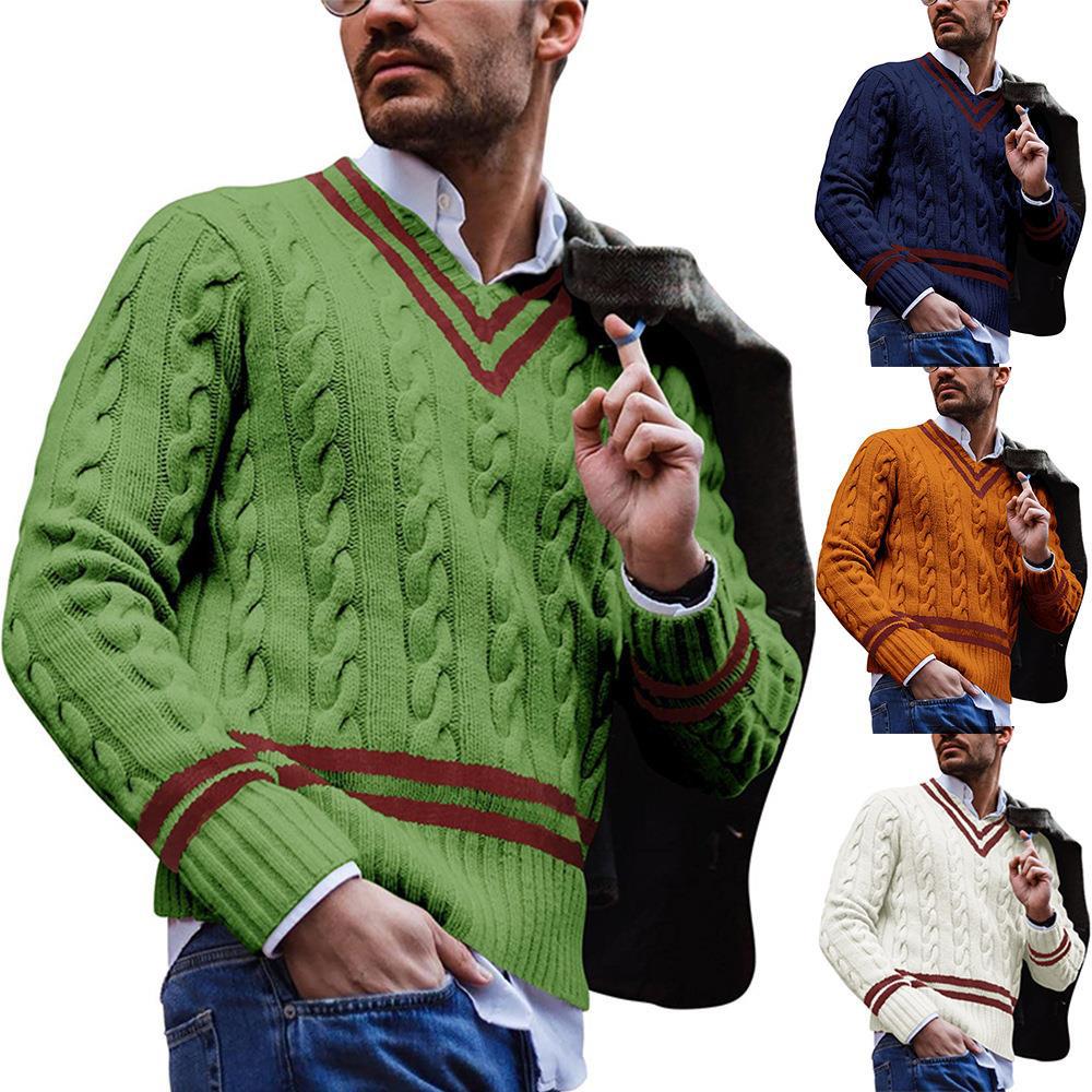 Men's Striped Color Blocking Knitting V-neck Sweater