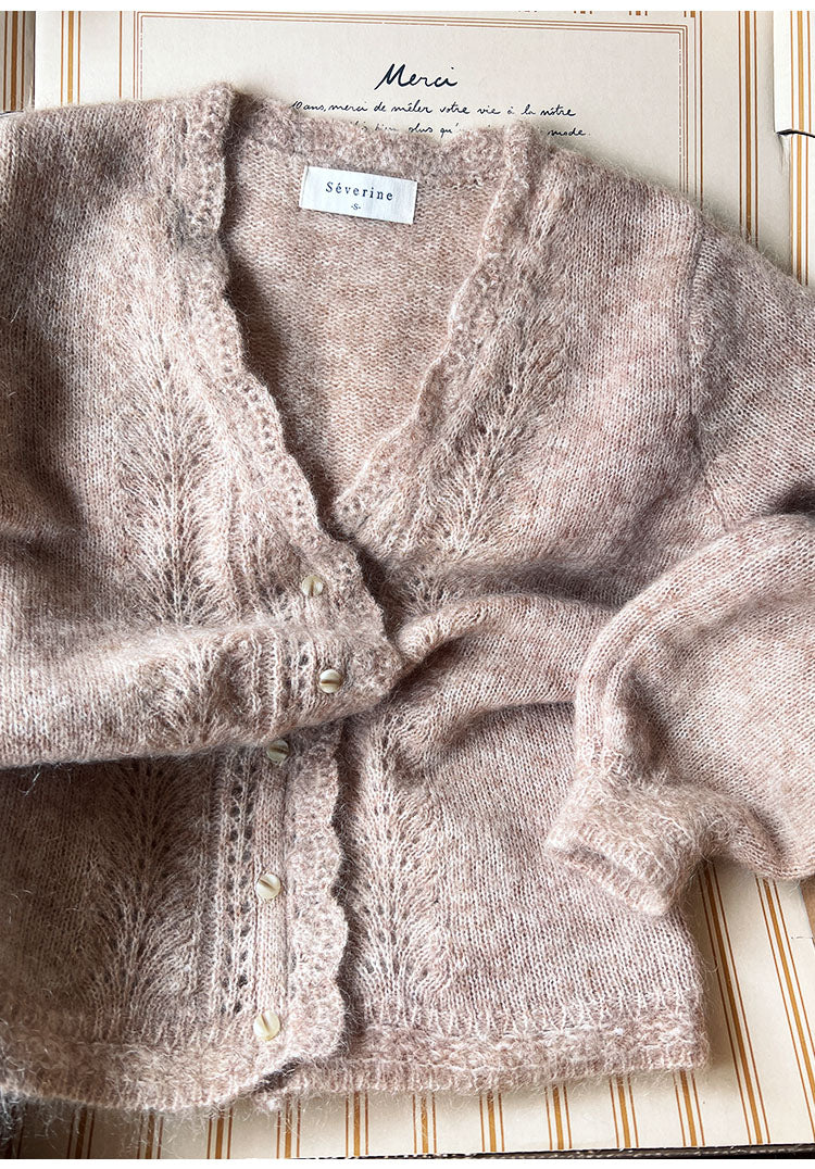 Haze Blue Mohair Cardigan Crocheted V-neck Puff Sleeve Sweater
