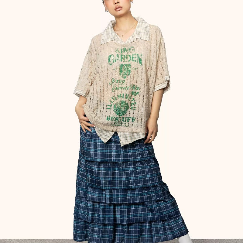 Fake Two-piece Printed Hollow-out Short-sleeved T-shirt Female Summer New
