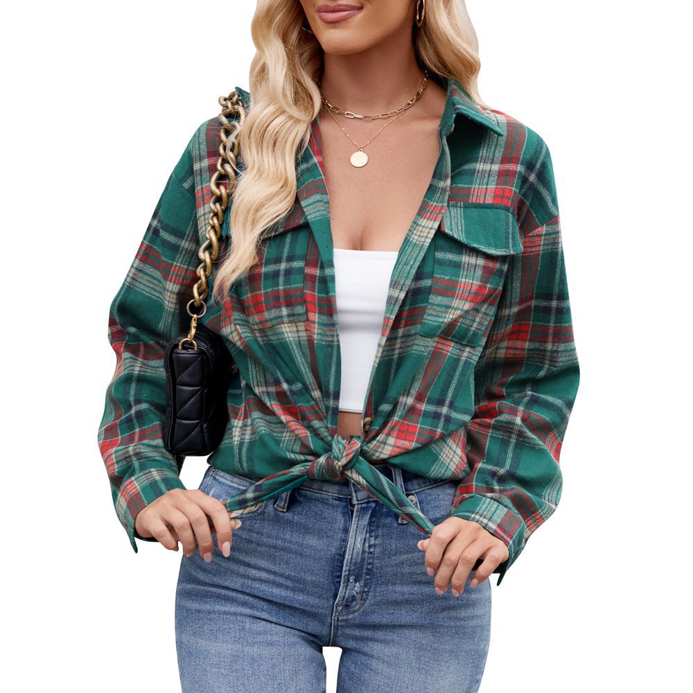 Casual Fashion Loose Plaid Pocket Shirt For Women