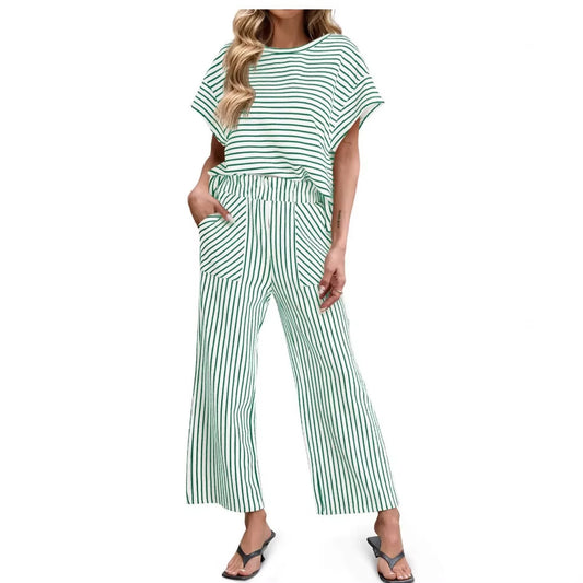 Womens Striped Short-Sleeve T-Shirt And Wide-Leg Pants Set With Pockets
