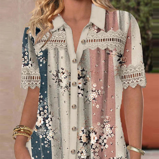 Women's Casual Shirt Collar Short Sleeve Regular Cardigan Digital Printing Blouse